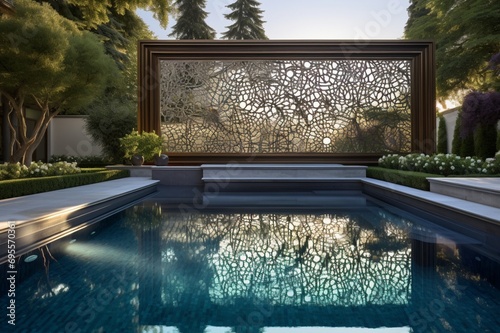 A grandiose backyard with a pool surrounded by laser-cut metal screens, casting 3D intricate, lace-like patterns in the sun photo