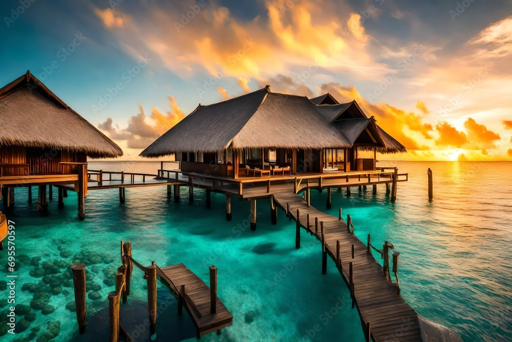A luxurious overwater bungalow resort in the Maldives, with a stunning sunrise casting a warm glow on the thatched roofs and turquoise waters.
