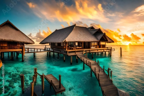A luxurious overwater bungalow resort in the Maldives, with a stunning sunrise casting a warm glow on the thatched roofs and turquoise waters.