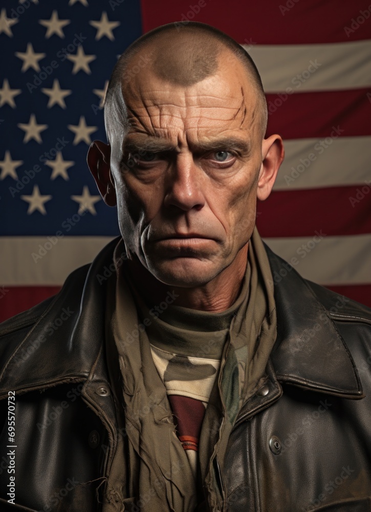 a man in military fashion in front of an american flag