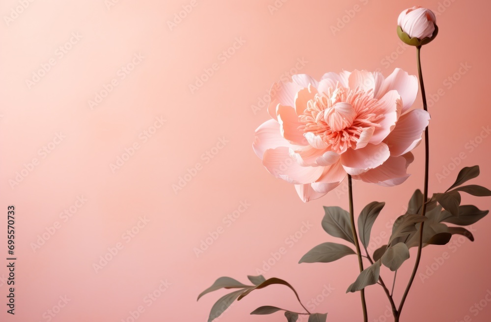 Naklejka premium a pink peony flower and leaves surround a pink background