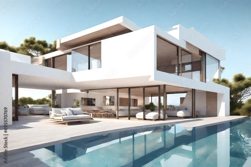 Luxury beach house with sea view swimming pool and terrace in modern design. 3d illustration of contemporary holiday villa exterior.