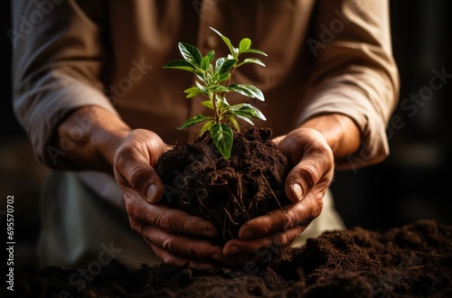 a man is holding a plant in soil