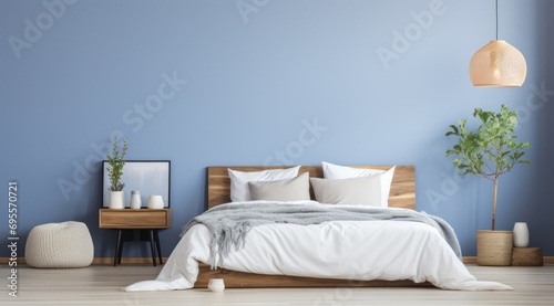 a blue and white bedroom with white bedding and pillows © ArtCookStudio