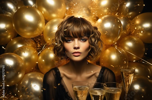 a girl in gold holding a gold champagne glass and balloons