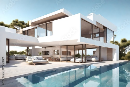 Luxury beach house with sea view swimming pool and terrace in modern design. 3d illustration of contemporary holiday villa exterior. photo