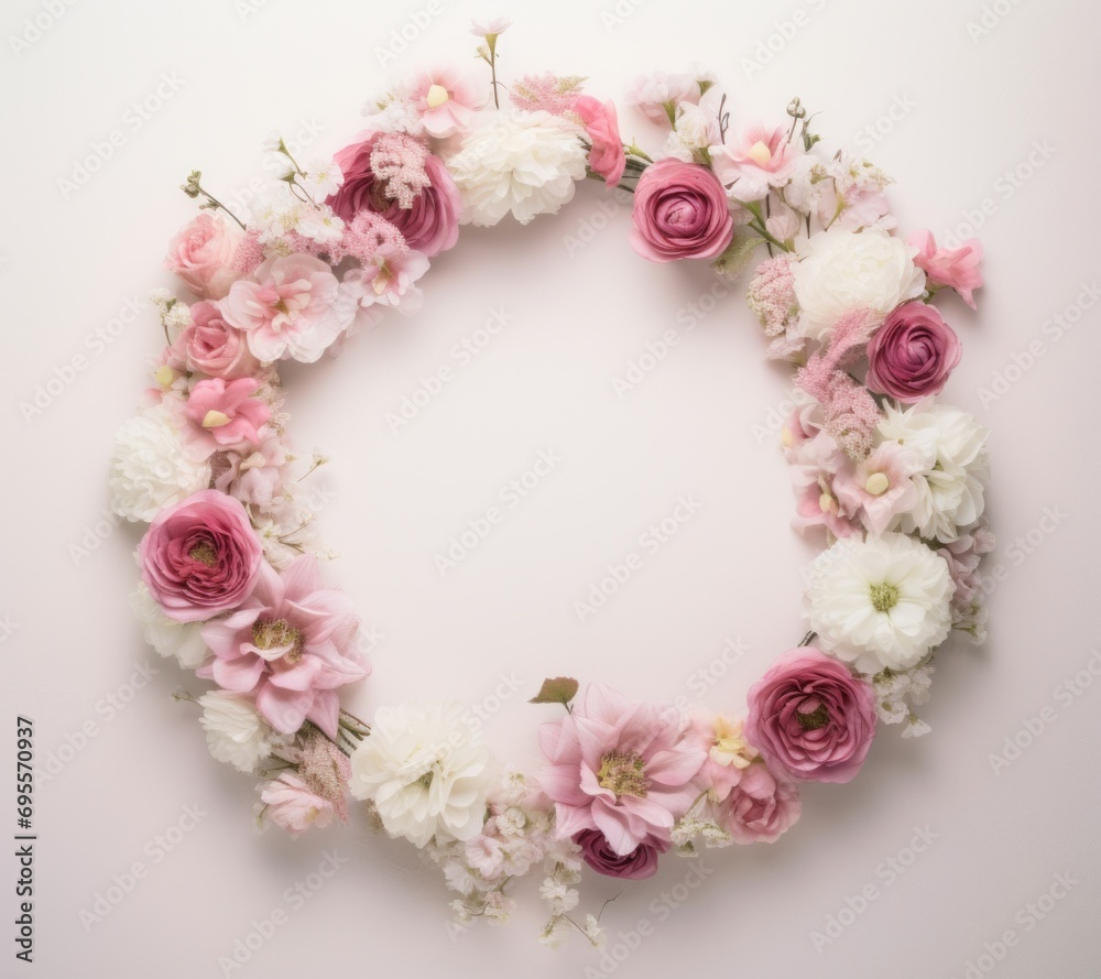 a frame covered in pink and white flowers