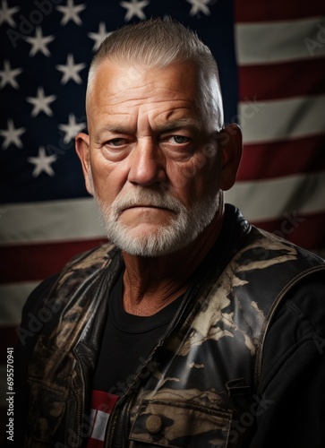 a man in military fashion in front of an american flag