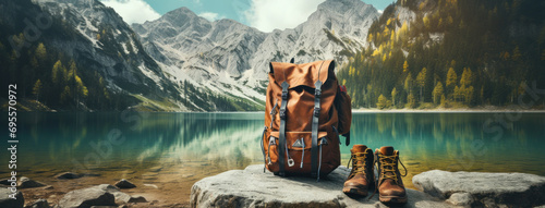 a pair of hiking boots and a backpack on the side of a lake photo