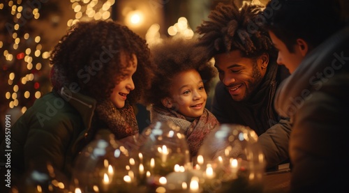 a family with their two children looking at Christmas lights
