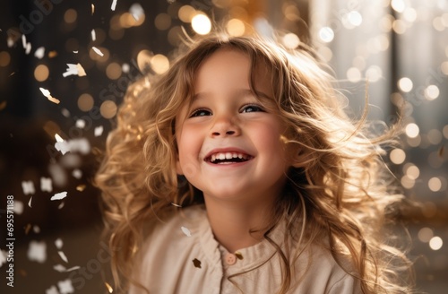 a little girl standing and laughing in front of confetti