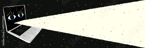 Advertising banner in retro collage style. Laptop with eyes with halftone effect, space for text, advertisement. Advertising background with grain effect.