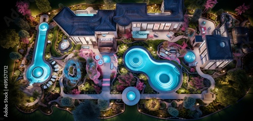 A high-definition aerial view of a luxury backyard, with a pool adorned in 3D patterns of electric cyan, neon burgundy, and bright ivory, surrounded by a mini-golf course and an ornate gazebo,