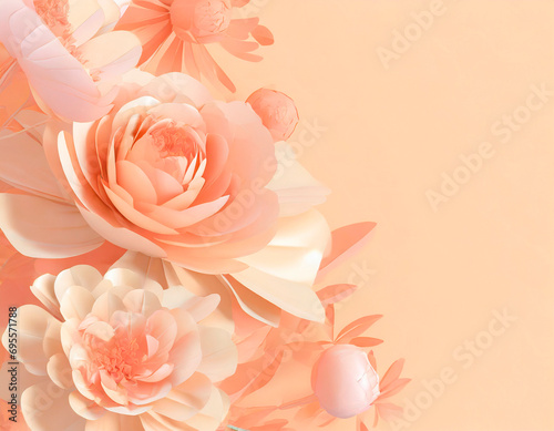 Abstract floral background in peach color, soft tones with soft light, free for copy space, Tulips and other types of flowers. A delicate and soft peach shade. Color of the year 2024. © Patrick
