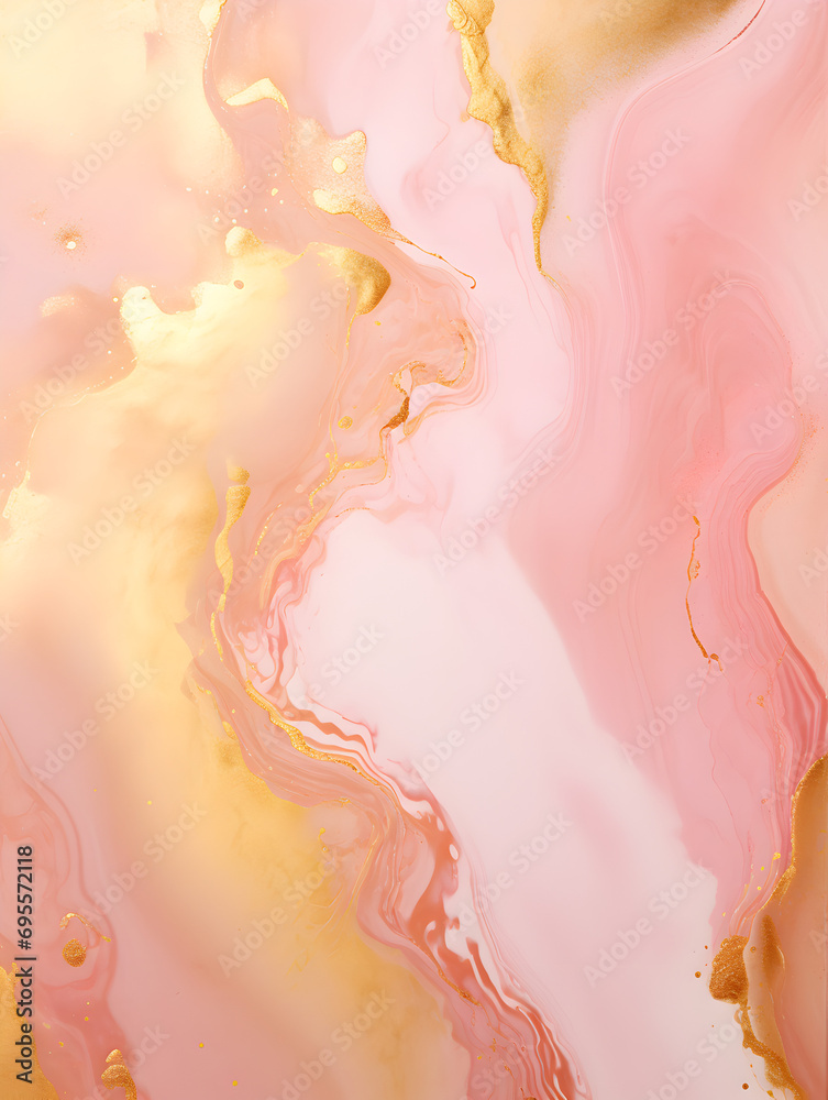 Abstract pastel pink ink acrylic splashes background with fine golden elements lines