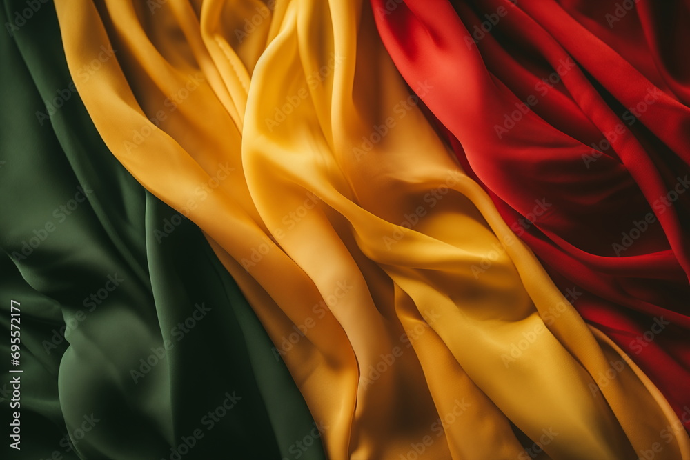 Black history month silk fabric in red yellow green colors of pan african flag. Black History Month concept - obrazy, fototapety, plakaty 