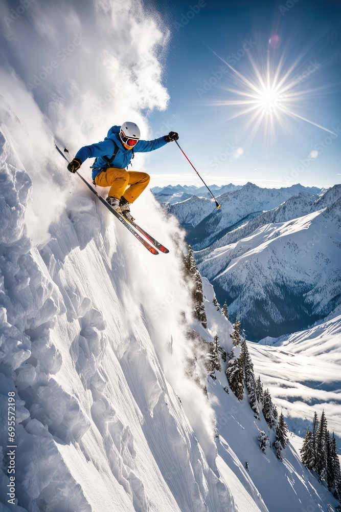 An extreme skier descends from the mountain on a sunny day