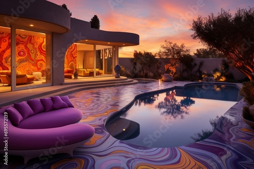 A breathtaking luxury backyard at sunset, with a pool adorned in 3D intricate patterns of neon purple, flaming orange, and sky blue, alongside a chic poolside cabana and a rock garden, in