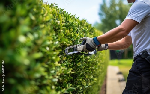 Sunny day, professional gardener trimming a hedge photo