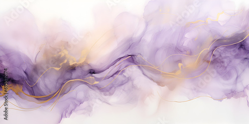 Abstract pastel purple ink acrylic splashes background with fine golden elements lines	