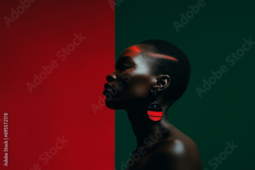 Close up of a young black woman with face paint in red color and earing. African woman on red and green background with copy space for text. Black History Month concept. photo