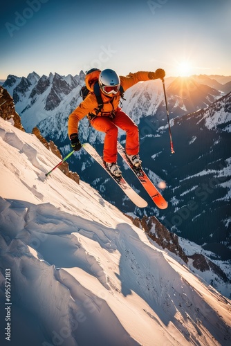 An extreme skier descends from the mountain on a sunny day © poto8313
