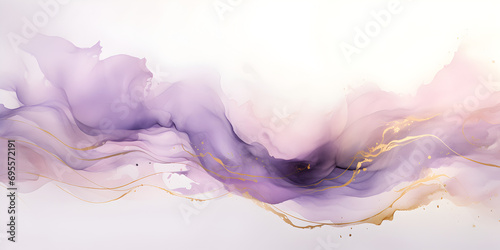 Abstract pastel purple ink acrylic splashes background with fine golden elements lines 