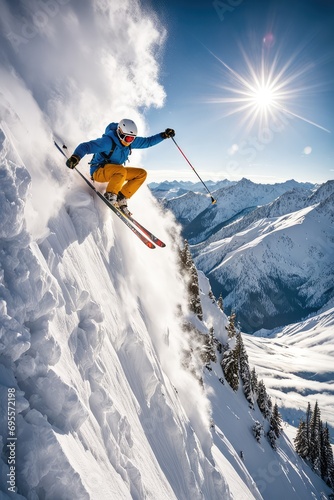 An extreme skier descends from the mountain on a sunny day