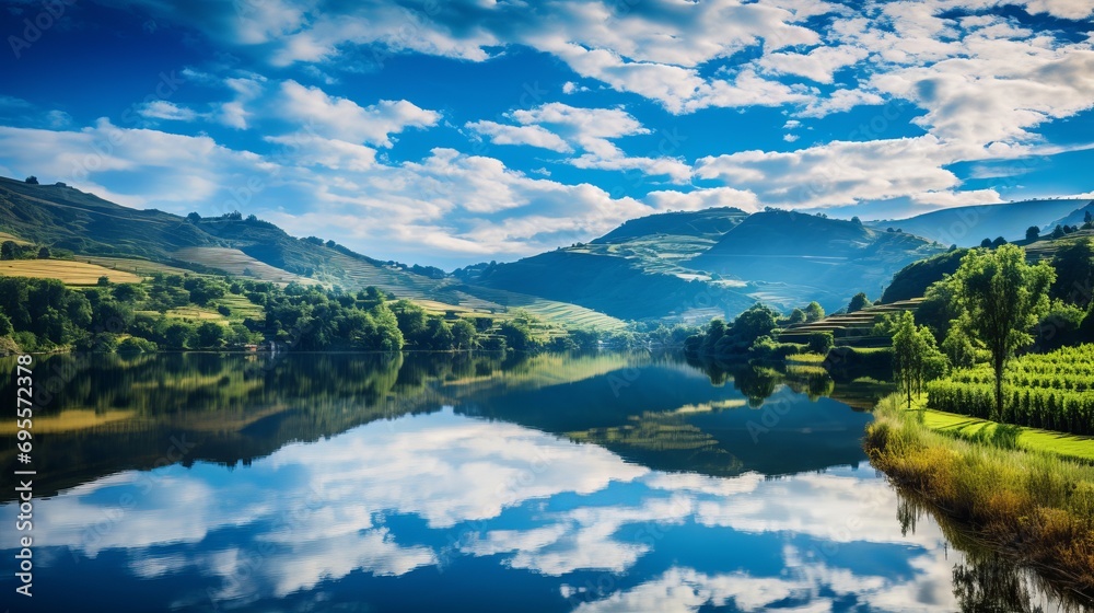 A view of the vineyards in the douro valley is reflected in the river's waters. A view of the vineyards in the douro valley is reflected in the river's waters.