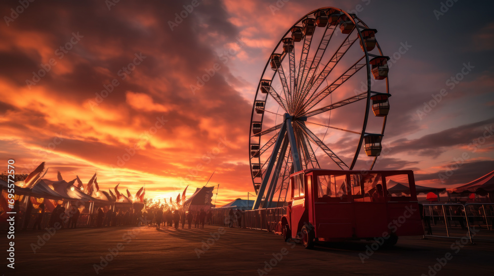 A striking sunset view behind the carnivals big wheel. A striking sunset view behind the carnivals big wheel.