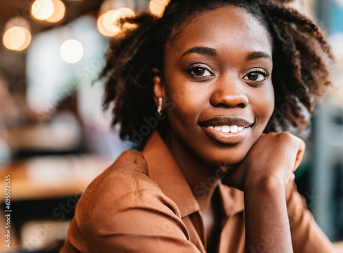 African american woman sitting on coffee shop  smiling  face closeup portrait