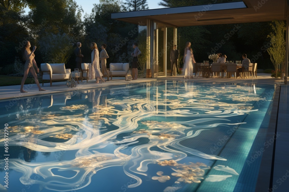 A high-end backyard with a pool and a transparent, floating dance floor above, creating 3D intricate, dynamic patterns as people move