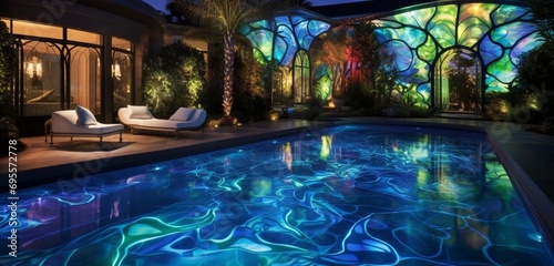 A high-end backyard with a pool and a cobalt blue and emerald green light show, creating 3D intricate, jewel-tone patterns, jewel journey