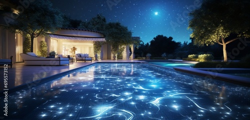A high-end backyard with a pool featuring a dynamic fiber optic star floor, casting 3D intricate, constellation-like patterns in deep blues and whites, starry serenity