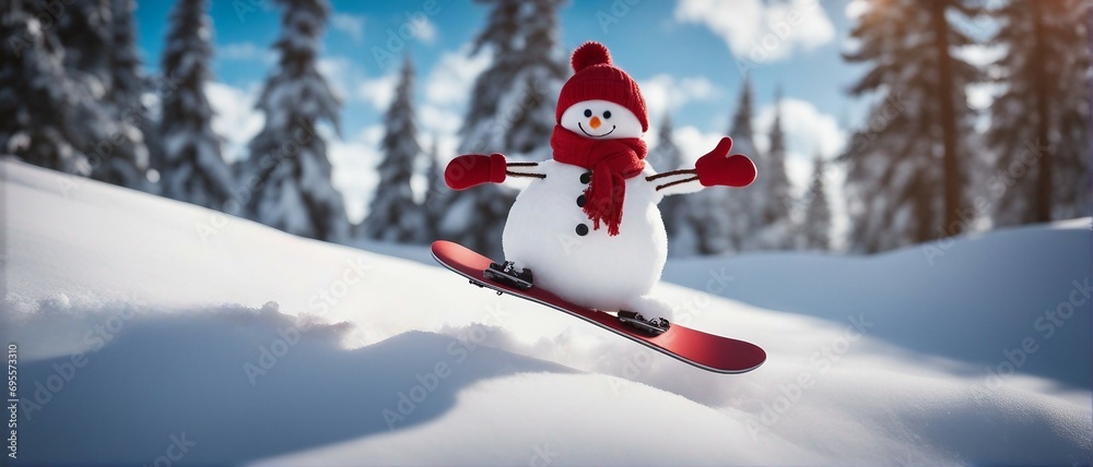 Snowman snowboarding downhill in red, with pine trees on the ski slope. Snowman snowboarding downhill in red, with pine trees on the ski slope.