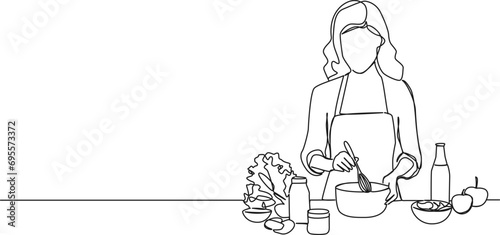 continuous single line drawing of woman preparing food in kitchen, line art vector illustration