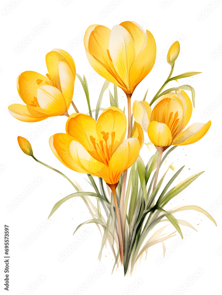 Fototapeta premium Watercolor yellow spring crocus flowers on white background 
