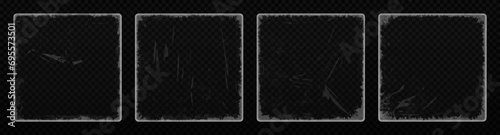 Paper texture effect with scratched borders and edges. Realistic old paper texture overlay effect with aged grunge texture, dust and scratches. Set of square frames for album covers, vinyl and posters