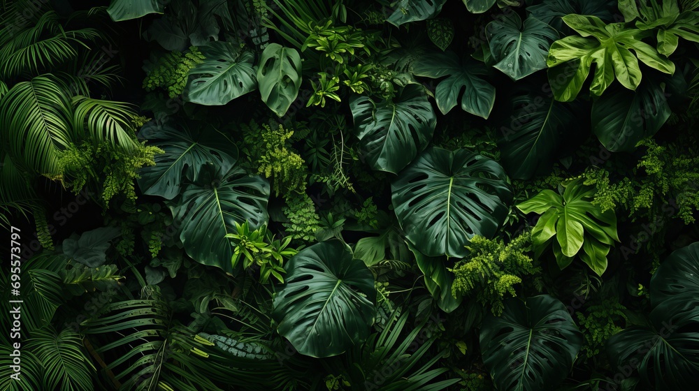 An aerial view of the vegetation in a tropical jungle. - obrazy, fototapety, plakaty 