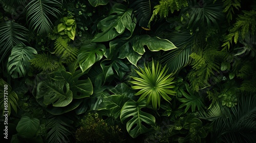 An aerial view of the vegetation in a tropical jungle.