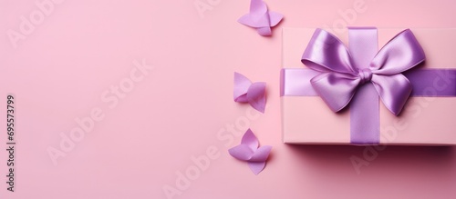 Top view Gift box with purple bow and ribbon copy space on pink background.