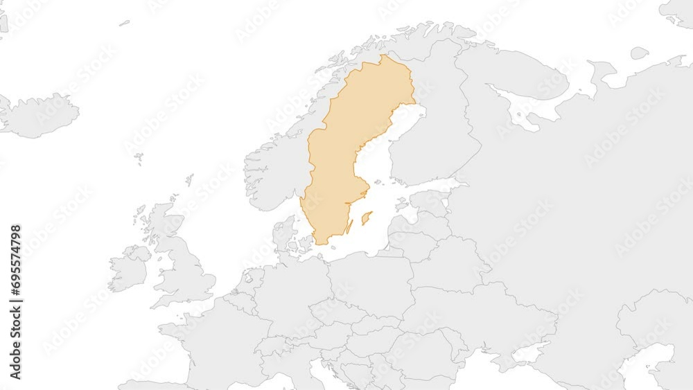 Animation of Sweden country map on the world map. Animation of map zoom in with border and marking of major cities and capital of the country Sweden. Background with alpha channel. Motion design.
