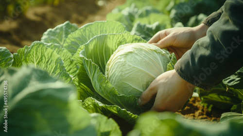 Harvesting organic cabbage by a farmer on a sunny day.