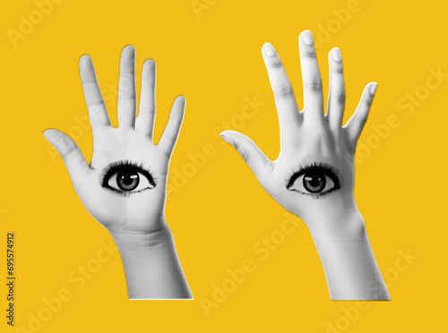 Two hands with an eye on them. Isolated element for collage on purple background. Psychedelic pop art style. Vector trendy illustration.