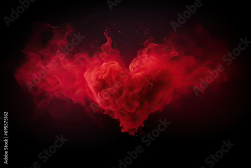 Red heart smoke isolated on black background. Generative AI.