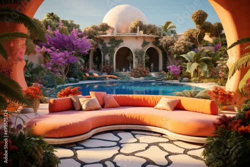 A luxury backyard oasis with a pool featuring intricate 3D patterns in bright orange, sky blue, and radiant pink, surrounded by a lush garden and a tranquil meditation area, captured in