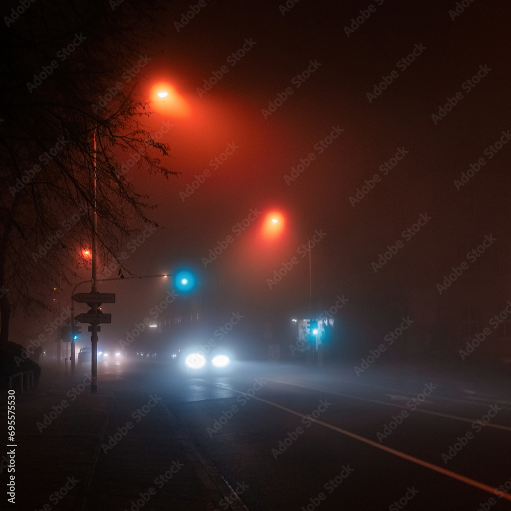 Colorful street light in the foggy weather near Frankfurt am Main, Germany, Europe