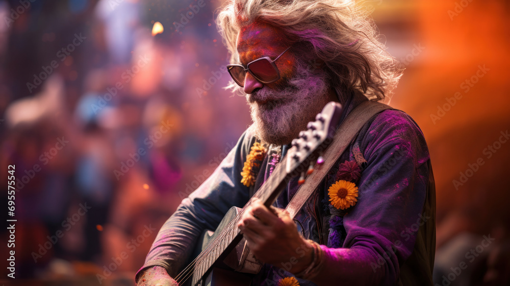 A traditional musician playing at a Holi event.