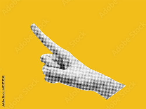 Hand in the style of a renaissance painting. Reaches upward with a finger. Collage element in halftone effect. Pop art illustration on bright yellow background. Vector png