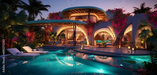 A captivating luxury backyard with a pool displaying 3D intricate patterns in neon ruby  electric turquoise  and sun-kissed beige  flanked by a gourmet pizza oven and a tropical hammock area  in
